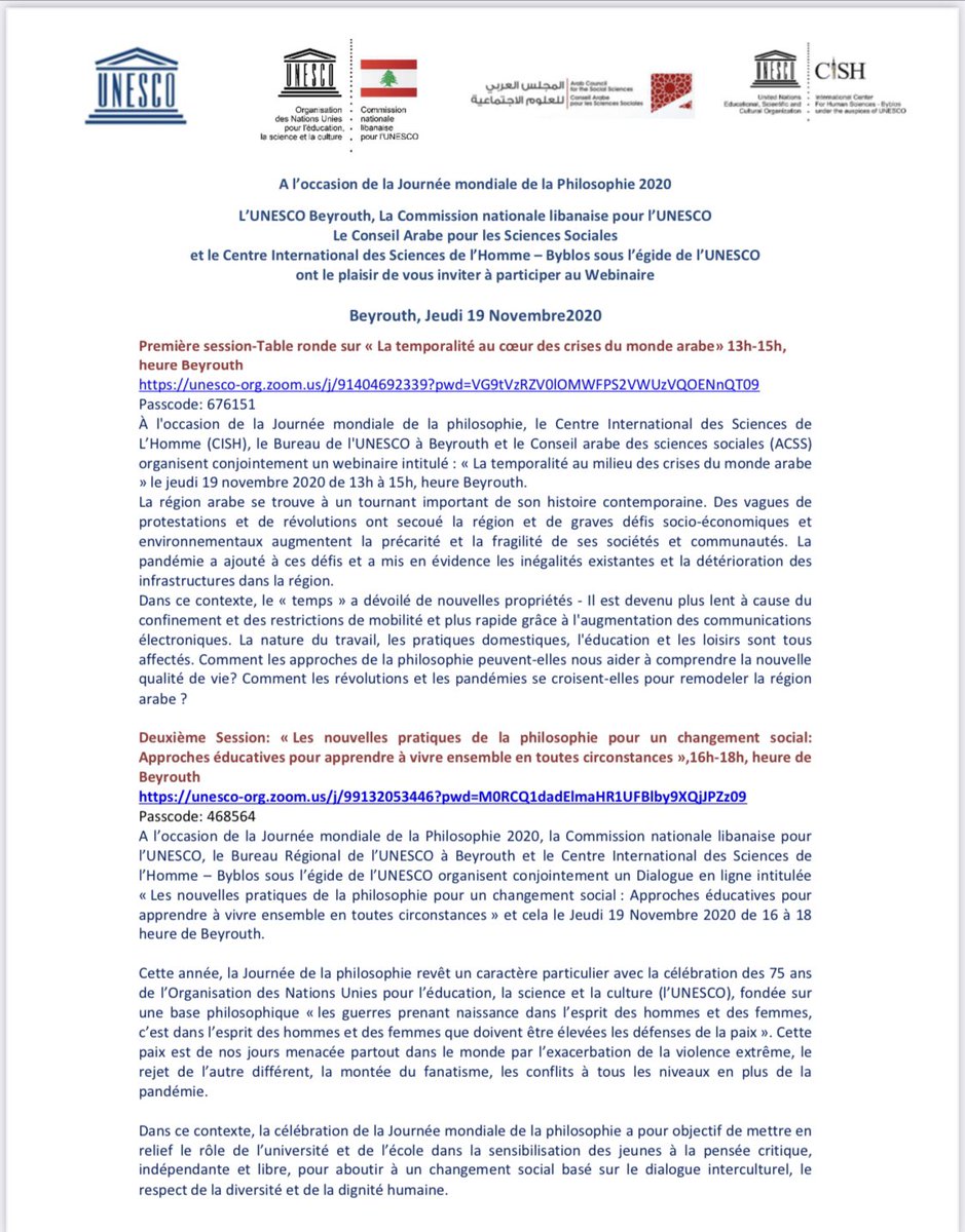 LebaneseNatCom's tweet photo. Célébration de la Journée Mondiale de la Philosophie 2020 ce jeudi 19 novembre :

https://t.co/4VIUl0lI9c

https://t.co/ErYn1YCsRi 

@UNESCOBEIRUT @LebaneseNatCom @acss_org @cishbyblos https://t.co/2VBPfopFHz