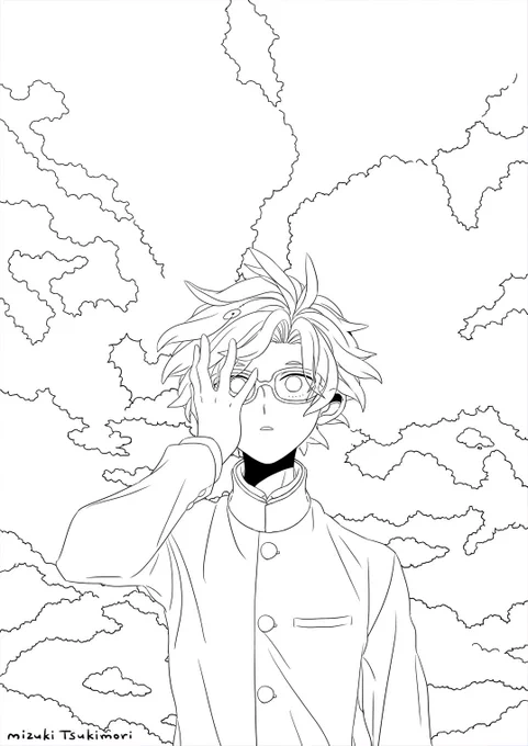 空と眼鏡男子の
 #皆さん線画と塗った後を見せてください 