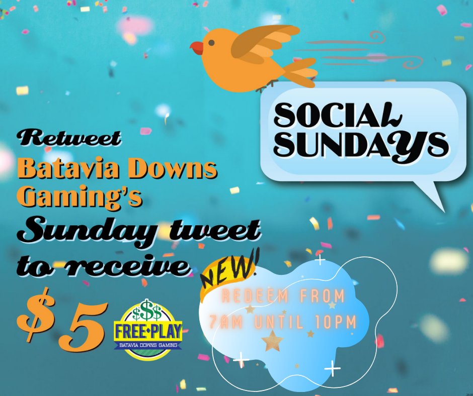 BataviaDowns's tweet photo. ✨ Retweet this tweet for $5 Free Play for #bdgsocialsunday after 8 AM on 11/22/2020!✨

Show to Players Club via phone or print out to be eligible to receive promotion https://t.co/VTNMoRcoeu