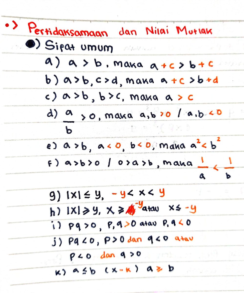 panggilajazul's tweet photo. Ringkasan Pertidaksamaan Live Zen PK 16 November 2020

1. |x| < y, -y < x < y
2. |x| > y, x > y atau x < -y
3. a > b ( + k ), a + k > b + k
4. a < b ( - k ). a - k < b - k
5. pq > 0, p,q > 0 atau p,q < 0
6. pq < 0, p > 0 atau q < 0 ATAU p < 0 atau q > 0

(Tambahan di poin g - k) https://t.co/q0QgPWEKby