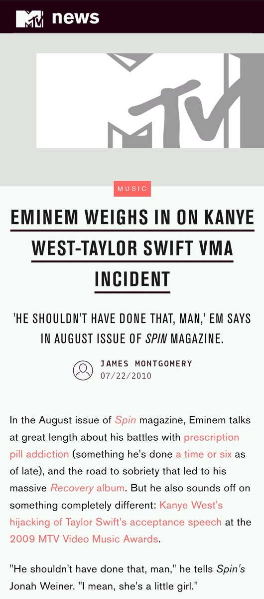 "He [Kanye] shouldn't have done that. She's just a little girl." 

– Eminem when asked about Kanye's interruption to Taylor Swift at the 2009 VMAs. 

Stans, let's help Swifties win this. Taylor deserves it.

I'm voting Taylor Swift for Artist of the Year at the #AMAs!