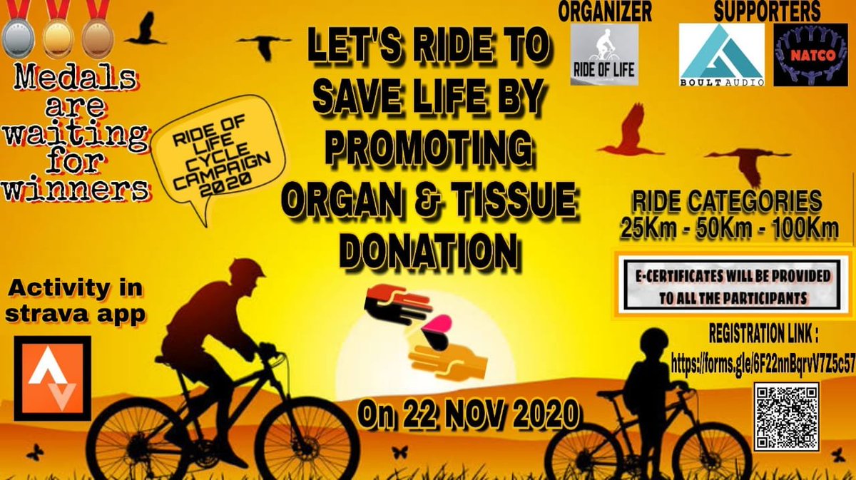 ImSreejan's tweet photo. RIDE OF LIFE - CYCLE CAMPAIGN 2020 organising a virtual cyclothon.
On 22nov 2020
Do participate and win medals (e certificate will be provided for all the participants)
 REGISTRATION LINK👇🏼

https://t.co/tPoLBNItsZ

 LET'S RIDE TO SAVE LIFE BY PROMOTING ORGAN &amp; TISSUE DONATION https://t.co/ICddcgwIjI