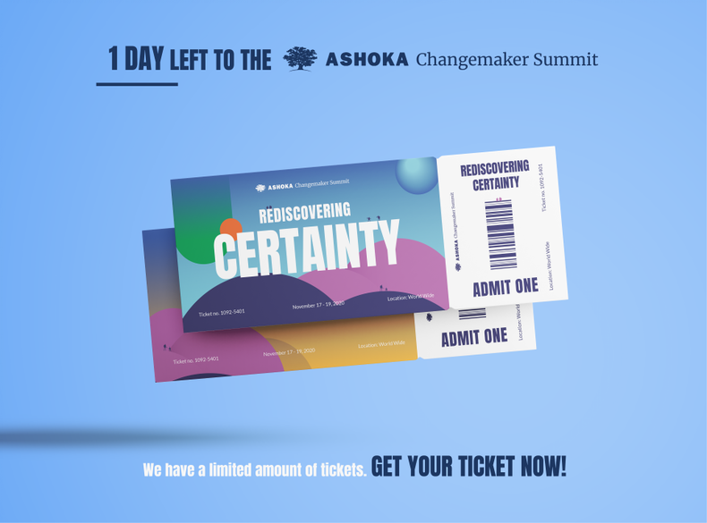 Last chance to get a ticket for the @Ashoka #ChangemakerSummit, starting TOMORROW! ⏳ ashoka.social/acms-tkt-tw - 100 sessions about the latest social innovations - 280 speakers from our wide network of leading social entrepreneurs XXXX + attendees – changemakers like you!