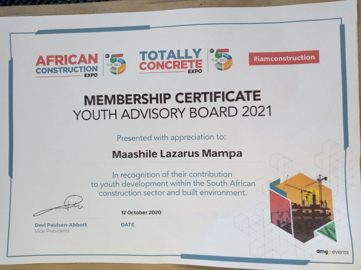 lazi_g's tweet photo. Honoured to be appointed as a member of the African Construction and Totally Concrete Expo's Youth Advisory Board for 2021.

#africanconstruction #constructionexpo #youthleadership #youthdevelopment #youthempowerment #4IR #BIM https://t.co/5S8r4vVCIb