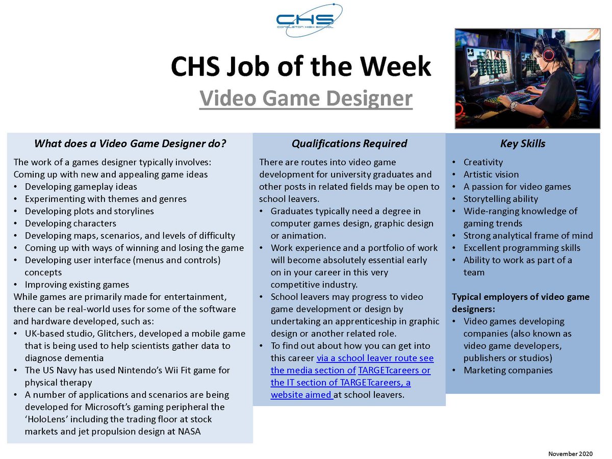 CongletonHS's tweet photo. If you're an avid gamer &amp; often think you'd do a better job at creating games, then Work Placement Coordinator, Mrs Sadat Shafai, may have the perfect Job of the Week for you! Video Game Designer is one of the many roles on our website Job of the Week page https://t.co/R9rh3gvTjj https://t.co/JVTNNIZTvA