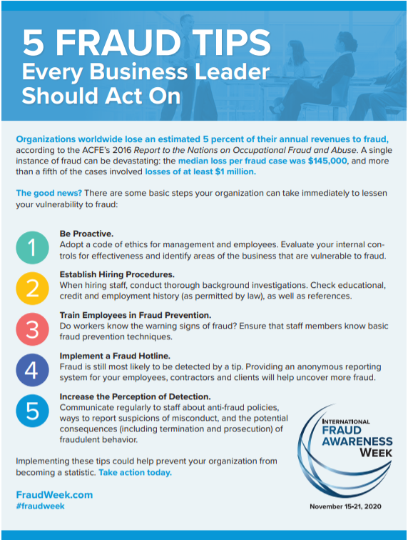This week is the International Fraud Awareness Week! 

Check out 5 tips on fighting fraud in the picture attached or head to Fraudweek website for more info on what you can do to help: lnkd.in/dqZVnT5

#FraudWeek #fraudawareness #fightfraud #threatmark