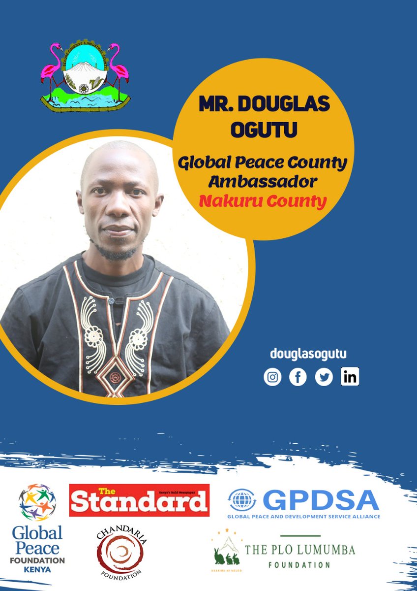 #Art4Leadership
Congratulations to Mr. <a href="/douglas2015ogu1/">Douglas Ogutu</a>, Creative Arts Awardee in the <a href="/Top35Under35/">Top35 Under35</a> Awards 2020 for being selected as the Global Peace County Ambassador <a href="/NakuruCountyGov/">Nakuru County Gov</a>
#InvolveYouthKE
#VijanaNaSkills
#MakingtheYouthFactorCount
<a href="/UNDPKenya/">UNDP Kenya</a> <a href="/GlobalPeaceKeny/">Global Peace Foundation Kenya</a> <a href="/SDY_Ke/">State Dept for Youth Affairs & Creative Economy</a>