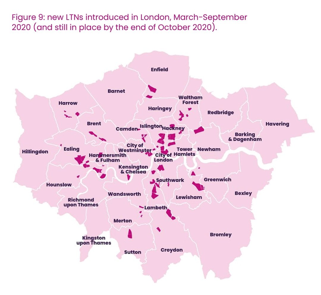 Pulled these interesting maps of the new London  #LTNs & % coverage by borough, from the 'LTNs for all?' report by  @Active_ATA with  @_wearepossible &  @KRFoundationCity highest at 48.5% but small area and low residential, Hackney has 14.2% of new LTN infra covering the borough.