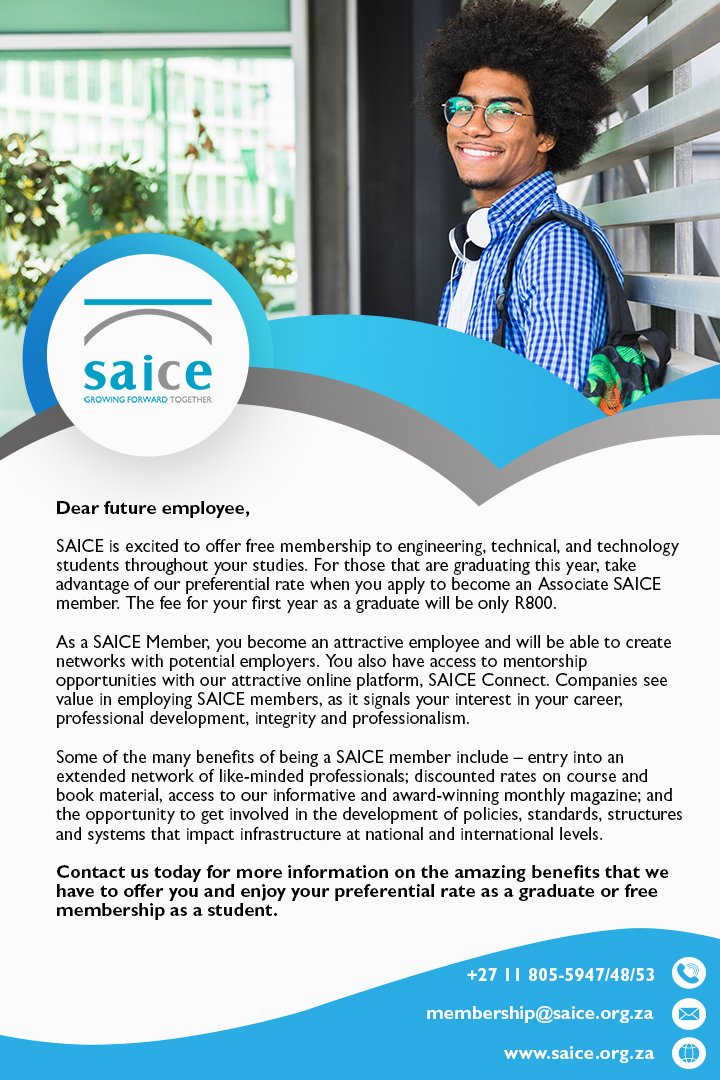 UJCareerService's tweet photo. Have you registered to become a SAICE Member? Being a member of SAICE offers you sooo many benefits! You can register here: https://t.co/uygyEDUdux

#ProfessionalBodies
#BuildYourSkillset
#BuildYourNetwork
#YourFutureCareer
#UJCareerServices
#YourCareerReimagined https://t.co/v1IR5yfXjN
