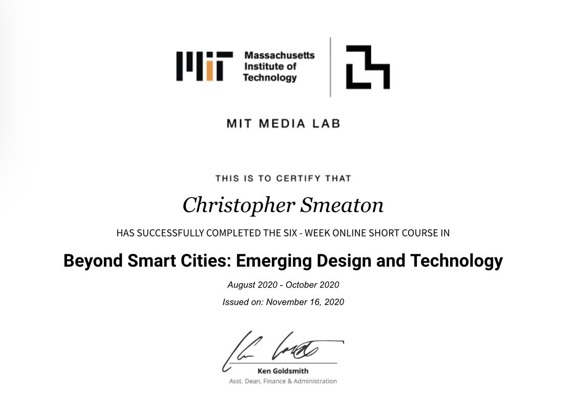 smeaton_chris's tweet image. Just completed the @MIT Media Lab course Beyond #SmartCities: Emerging Design and Technology, was a great course. Looking into #smartmobility, #urbanrobotics, #sustainable #communities, #tokeneconomies and much more.