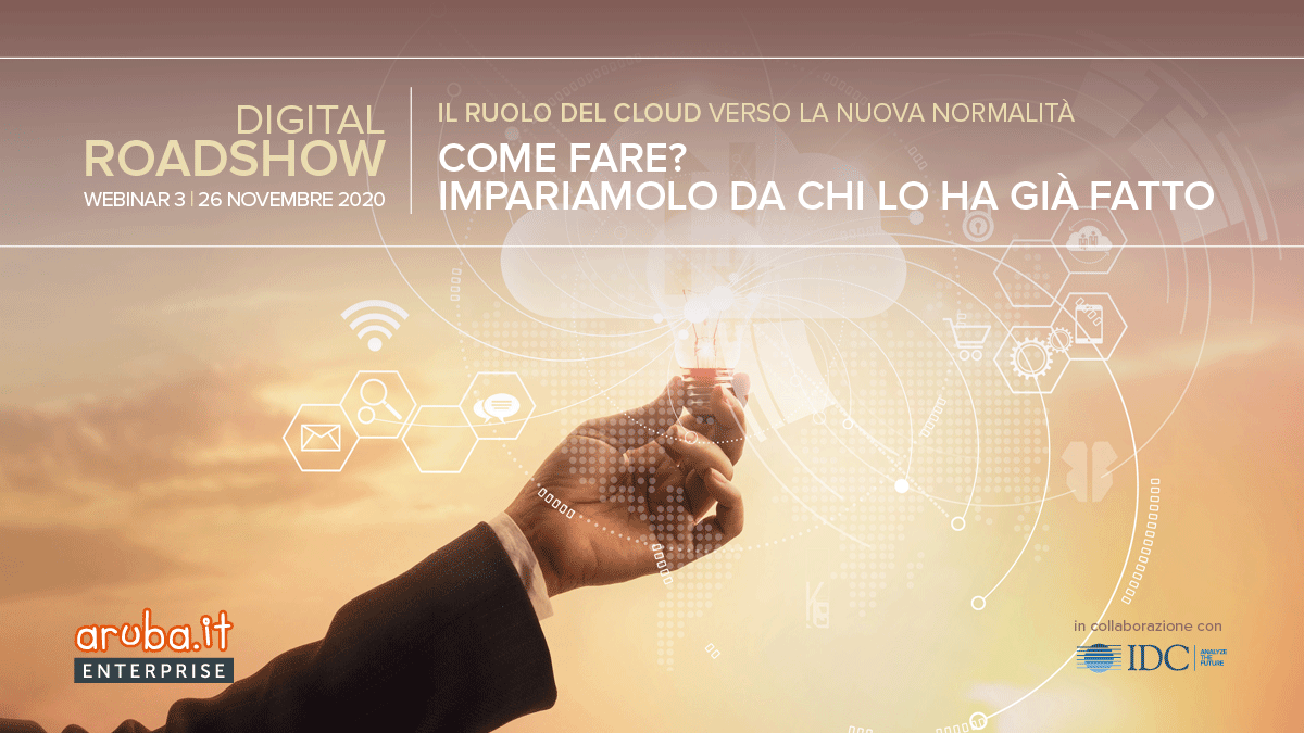 IDCItaly's tweet photo. Il ruolo del #cloud nella nuova normalità: best practice e testimonianze. Terza tappa del digital roadshow promosso da IDC e @Arubait per aiutare le imprese a realizzare un'organizzazione agile, resiliente e vincente.
26 novembre ➡ https://t.co/LeDzOhQYTv
#CloudNewNormal https://t.co/Sghwauw4VC