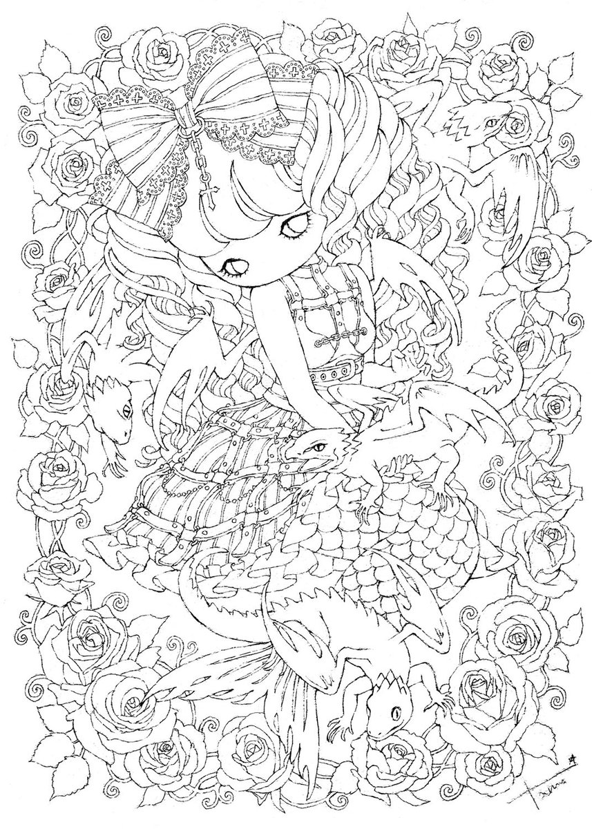 たま 7 2 髑髏の中の髑髏展参加 大阪 Na Twitteru 皆さん線画と塗った後を見せてください 塗り絵用に下絵から起こした線画です Lullaby 2018年 個人蔵 透明水彩