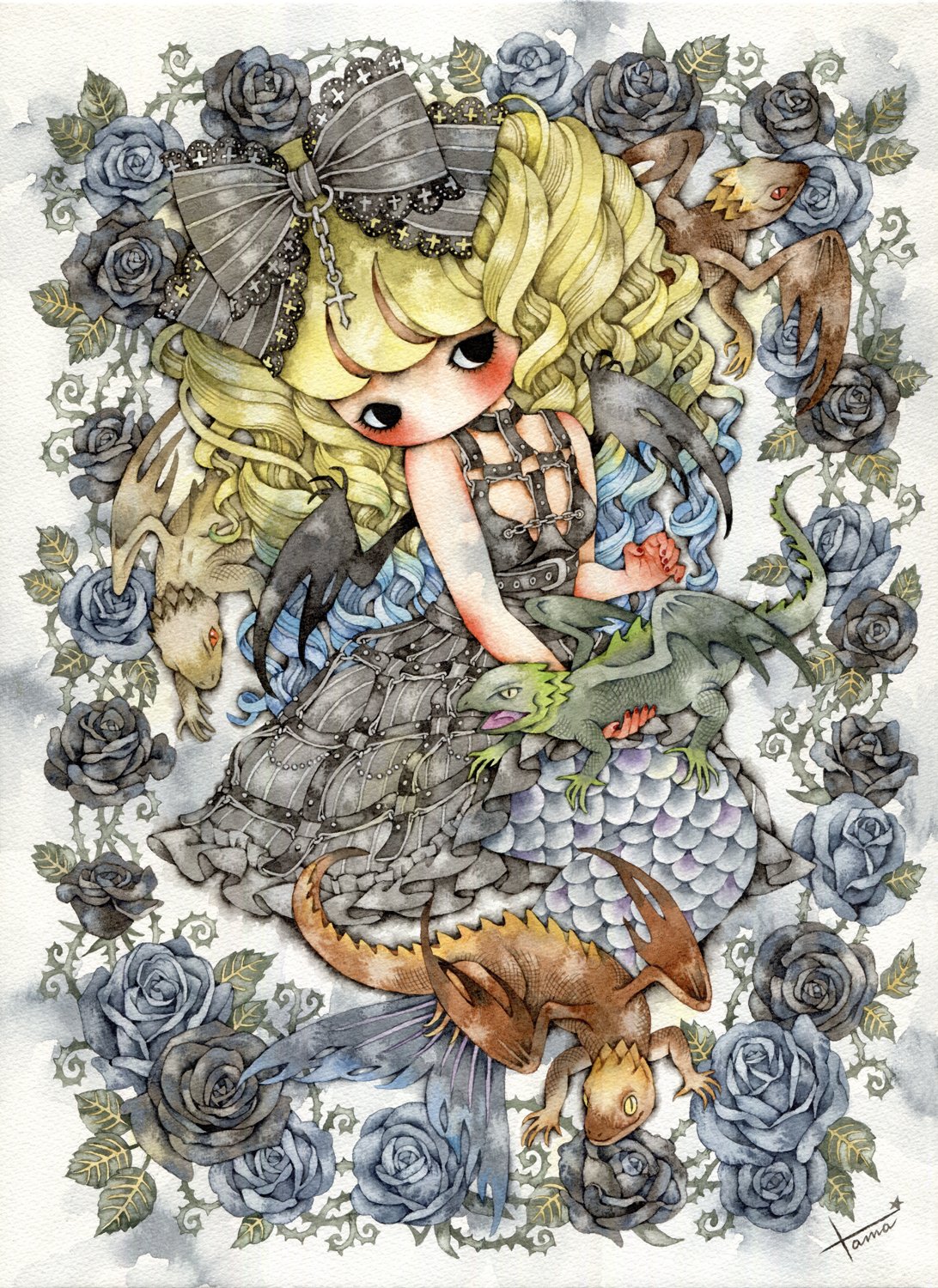 たま 少女主義的水彩画家 A Twitter 皆さん線画と塗った後を見せてください 塗り絵用に下絵から起こした線画です Lullaby 18年 個人蔵 透明水彩