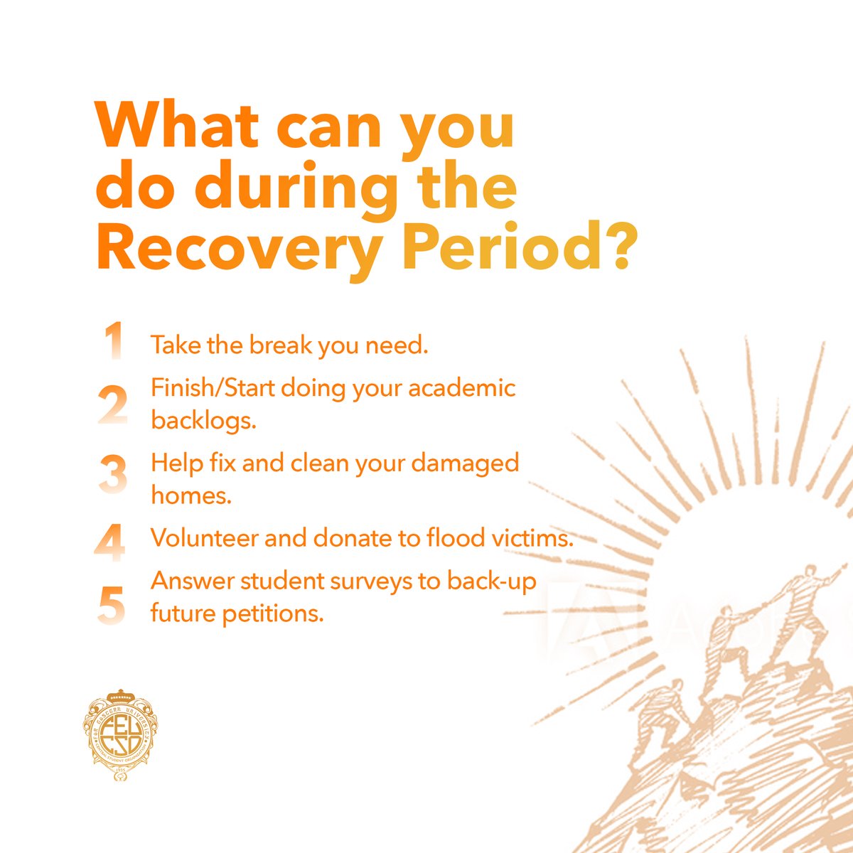 FEU_CSO's tweet photo. We know that a week of recovery may not be enough, especially for those who were greatly affected by the recent calamities, but we hope that this would buy more time for you to rise above the challenges.
#BreakTam https://t.co/DhTJkLhlyT