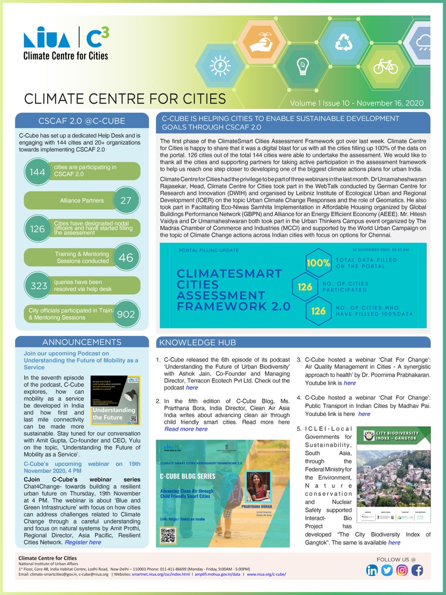 C3_NIUA's tweet photo. #Newsletter alert📰  

#Ccube is happy to share its #digital blast with 126 #cities filling up 100% of the #data on the portal for Climate Smartcities Assessment Framework #CSCAF which helps to enable #sustainable #development goals for Indian #Cities

Read more our #newsletter https://t.co/peqpanDLyH