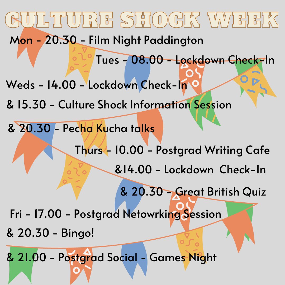 UoBISSupport's tweet photo. Attend 3 or more events as part of Culture Shock Week and we will enter you into a raffle to win some fabulous, UK themed prizes! Link to full schedule (and prizes!) https://t.co/rbQQXzyjcA https://t.co/NLRsEgoXF2