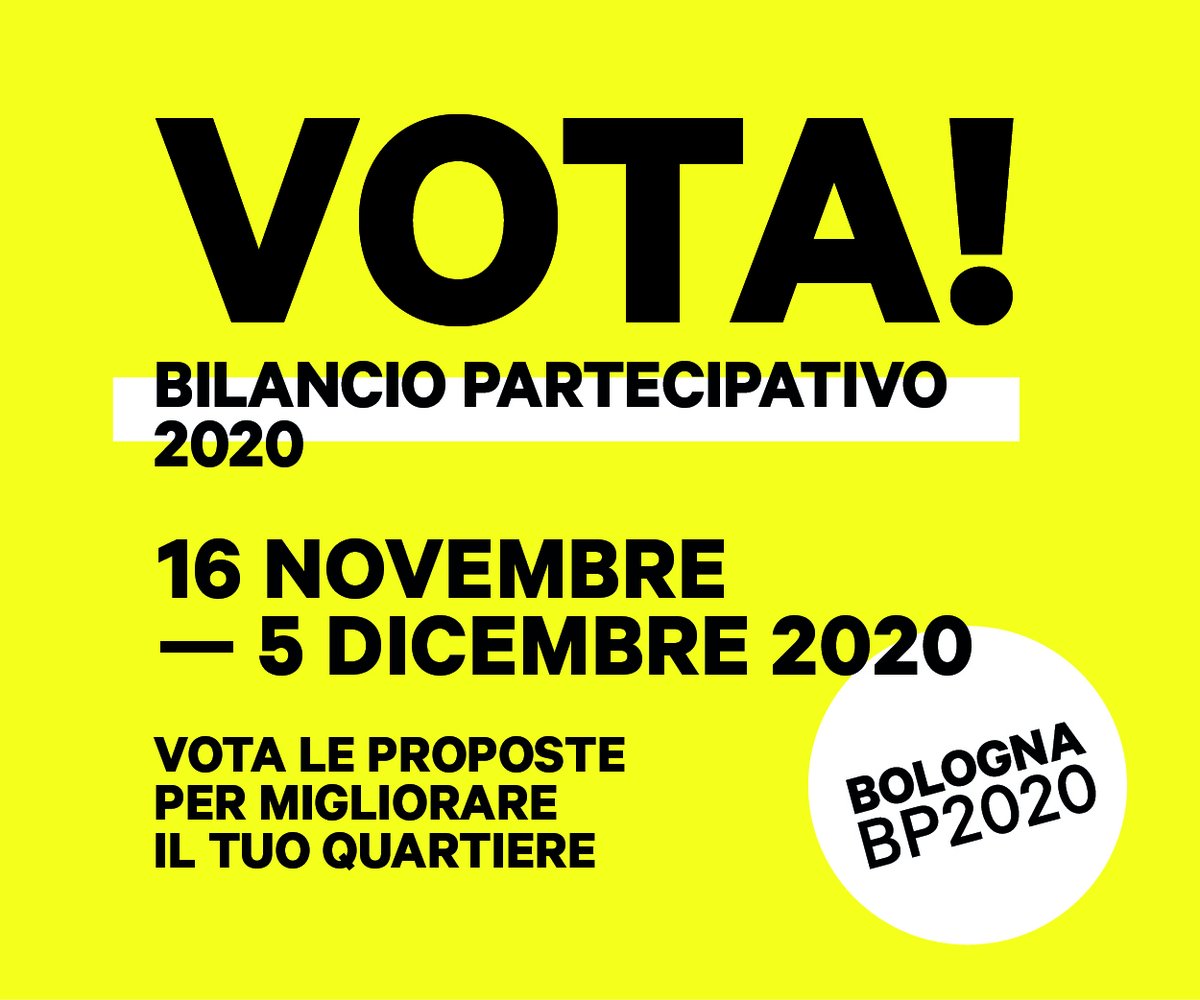 FondazioneIU's tweet photo. 🟡 #Bilanciopartecipativo🟡
‼️Da questo momento FINO AL 5 DICEMBRE IL VOTO è aperto‼️
Scopri tutte le proposte del #BilancioPartecipativo sul sito 🔜
https://t.co/DqXS2SWI2G
#BP2020 | @comunebologna https://t.co/AlgBCrtTwE