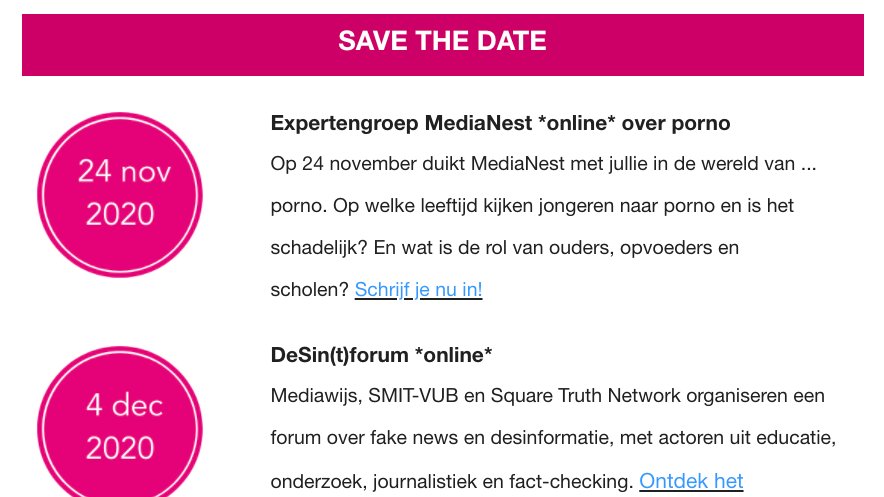 MediaWijsBe's tweet photo. Save the date(s) voor wat online #mediawijsheid: 24/11 Expertengroep #MediaNest over porno, 04/12 #Desinforum, 09/12 Inspiratiedag #eInclusie, 14/12 Slotevent #BBICO https://t.co/3BU1DcTphp