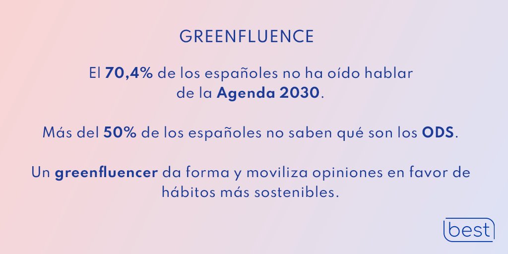 agencia_best's tweet photo. Que más de la mitad de los españoles no haya oído hablar de la #Agenda2030 y no sepa que son los #ODS refleja un problema: ¡fallamos en comunicar #sostenibilidad!
Las marcas pueden ayudar a solucionarlo a través del #greenfluence. ¡Te contamos cómo! ➡️ https://t.co/HGTOpwNodN https://t.co/TPX1njVYP9