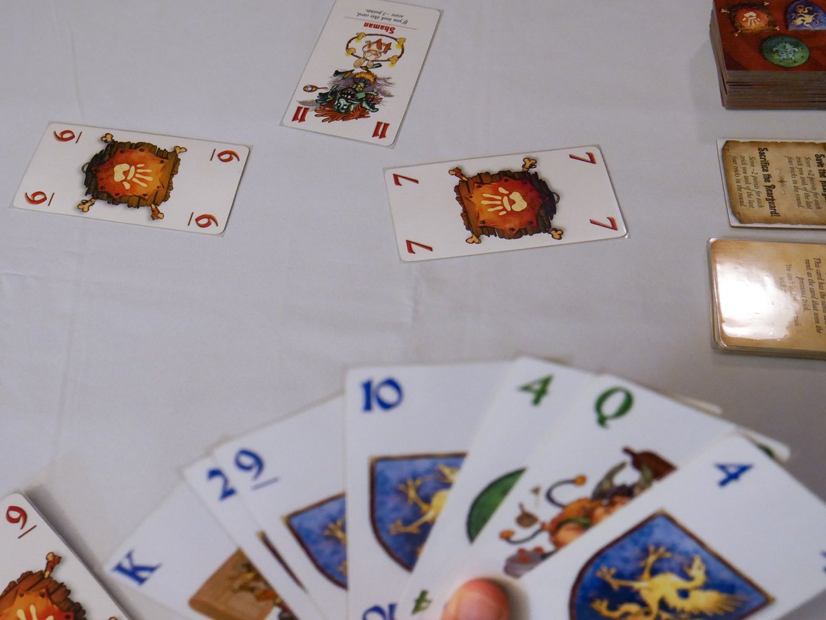 Stephan_93's tweet photo. Haven't played Dwarf King (@IelloUSA ) in a while. One of my favorites trick-taking games. Trying to make someone else win tricks or avoiding getting Kings?! Just straight up laughter or table-flipping. And happy I do not have a Goblin now. #OfDiceandMeeple @CM320DClass https://t.co/orsJXZqjFI