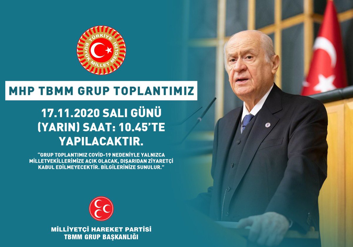 MHP TBMM Grup Toplantımız #17Kasım2020 Salı günü (Yarın) Saat:10.45'te yapılacaktır.

Grup toplantımız Covid-19 nedeniyle yalnızca Milletvekillerimize açık olacak, dışarıdan ziyaretçi kabul edilmeyecektir.

MHP TBMM GRUP BAŞKANLIĞI
<a href="/MhpTbmmGrubu/">MHP TBMM Grubu #MHP</a>