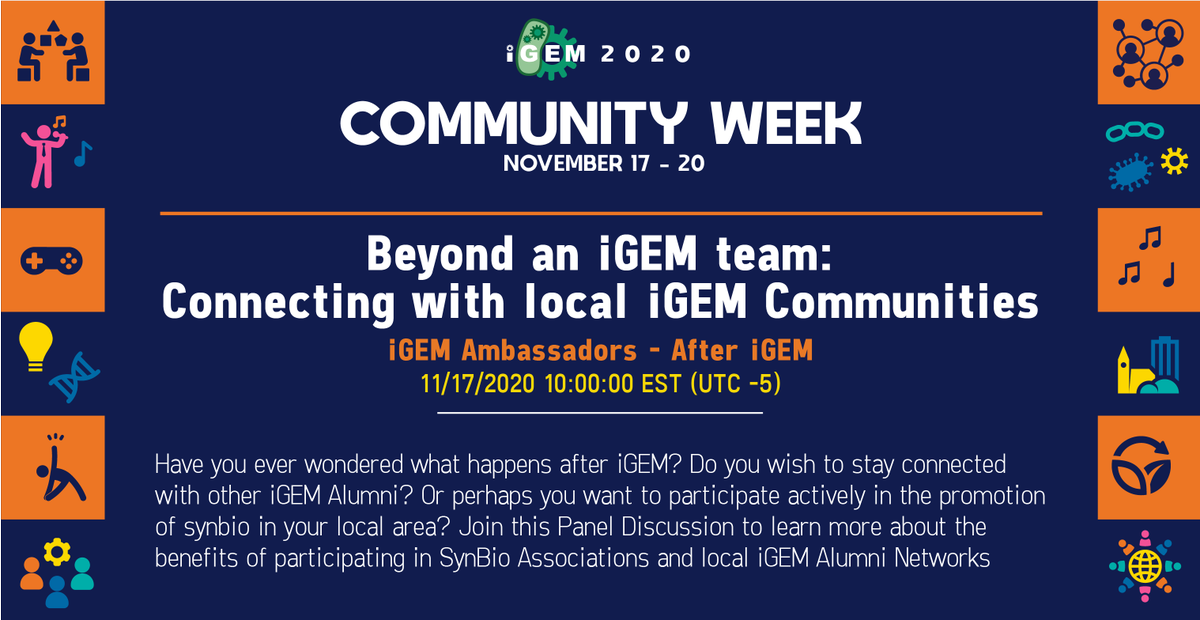 iGEMCommunity's tweet photo. Join a panel discussion with some of the Global Synbio Associations (@EUSynBioS, @gasb_synbio, @SynBioAfrica, @afbs_synbio, CCiC &amp; @SGEM) as we convene on how can we build iGEM alumni networks, participate actively in the promotion of synbio in local areas &amp; much more!

#iGEM2020 https://t.co/3niTaObqgi