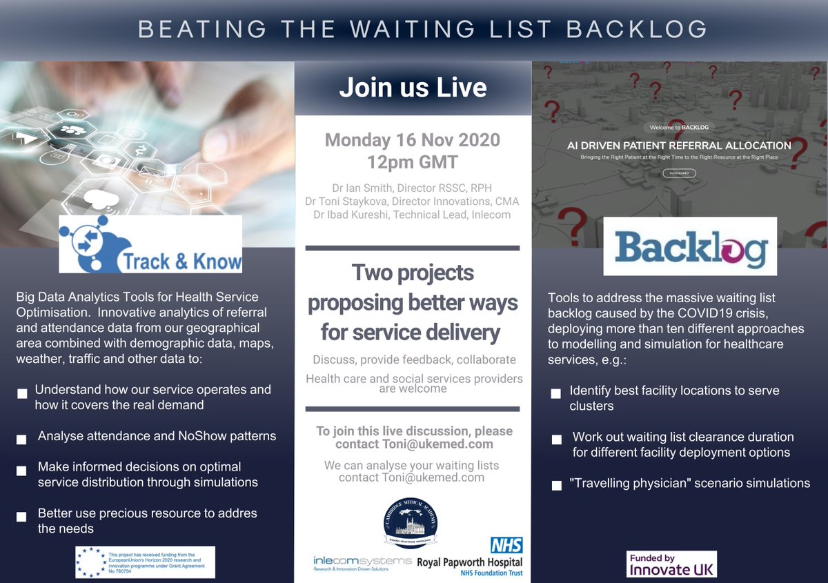 REMINDER! Are you a health care &amp; social services provider? Join us live at 1.00 pm CET for the 1st of 2 webinars on how to beat the waiting list backlog. Big Data projects Backlog and T&amp;K will join forces in proposing better ways for service delivery. bit.ly/3kihEfq