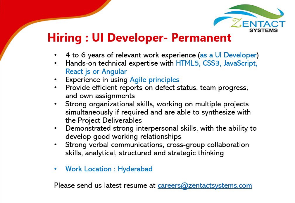 Zentactsystems's tweet image. Hiring #UI_Developer #Hyderabad 

Pls send us resume at careers@zentactsystems.com