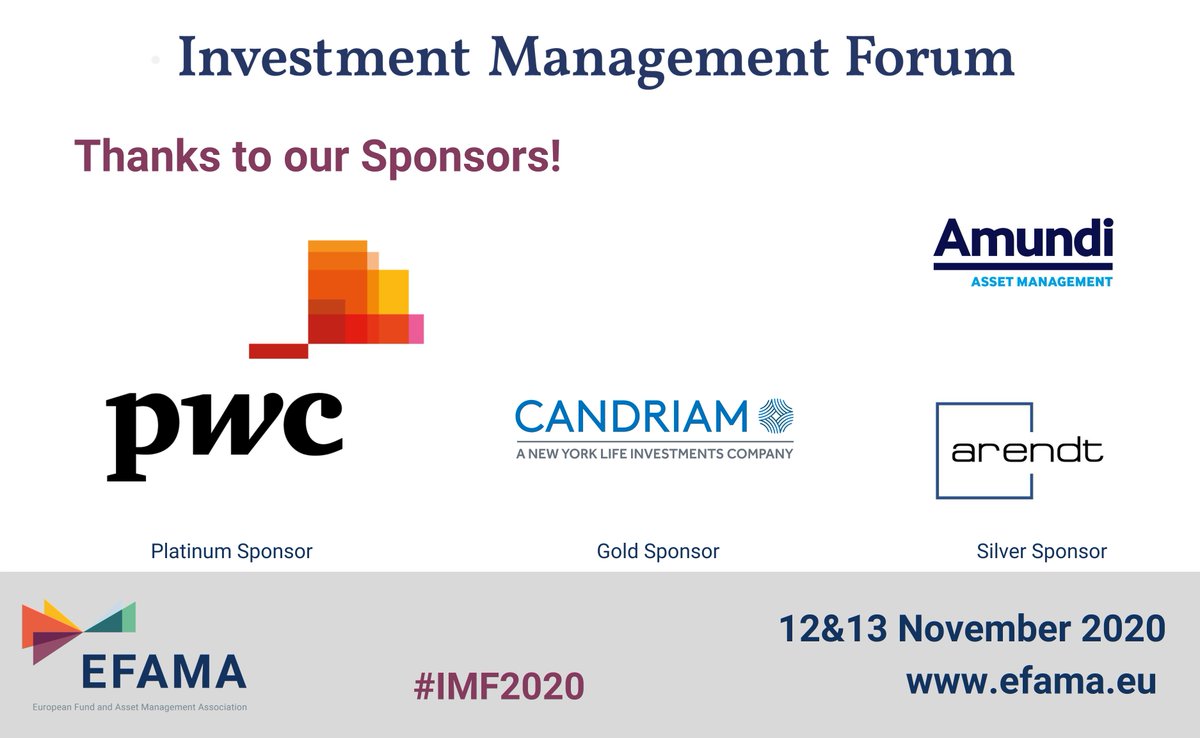 EFAMANews's tweet photo. And a final thank you to our sponsors of last weeks Investment Management Forum #IMF2020 !
We are looking forward to next year's event in November 2021!
@PwC_Luxembourg
@candriam
@Amundi_ENG
@ArendtMedernach https://t.co/9YCx9lUfbd