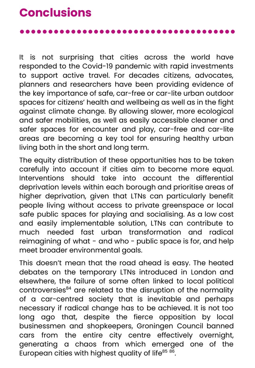 The authors recommend boroughs without  #LTNs introduce them and to consider equity in their placement to benefit those living without access to private green space or safe public spaces. Read the report here:  http://wearepossible.org/LTN-report&nbsp;
