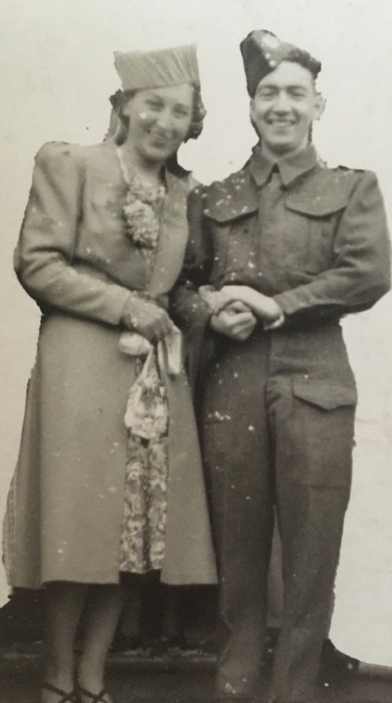 3) Lydia Clyde & Jim Groark's wedding April 1940. Jim had been conscripted in January & joined the Royal Engineers. They were married on Jim's first home leave. The first photo was cropped to remove Jim's sour-faced mother who was against the marriage  (p24  #AboveUsTheStars)