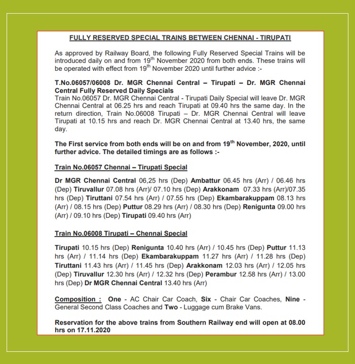 Southern Railway Fully Reserved Special Trains Between Chennai Tirupati Reservation For These Trains From Southern Railway End Will Open At 08 00 Hrs On 17 11 Tomorrow T Co 1rqzcox5dv