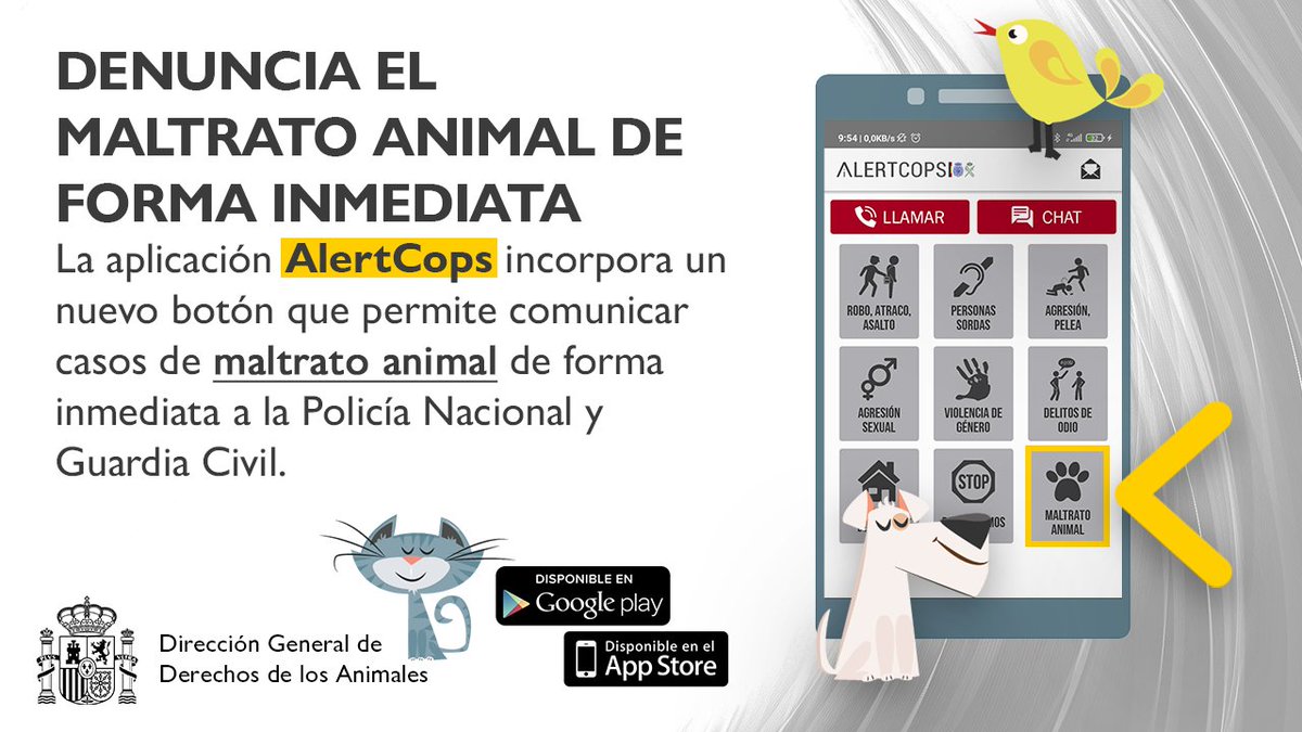 AnimalesGob's tweet photo. 📲 @alertcops incorpora una nueva opción para notificar casos de maltrato animal de forma inmediata a @policia y
@guardiacivil.
App disponible en Google Play y la App Store. https://t.co/zAITZqwoCH