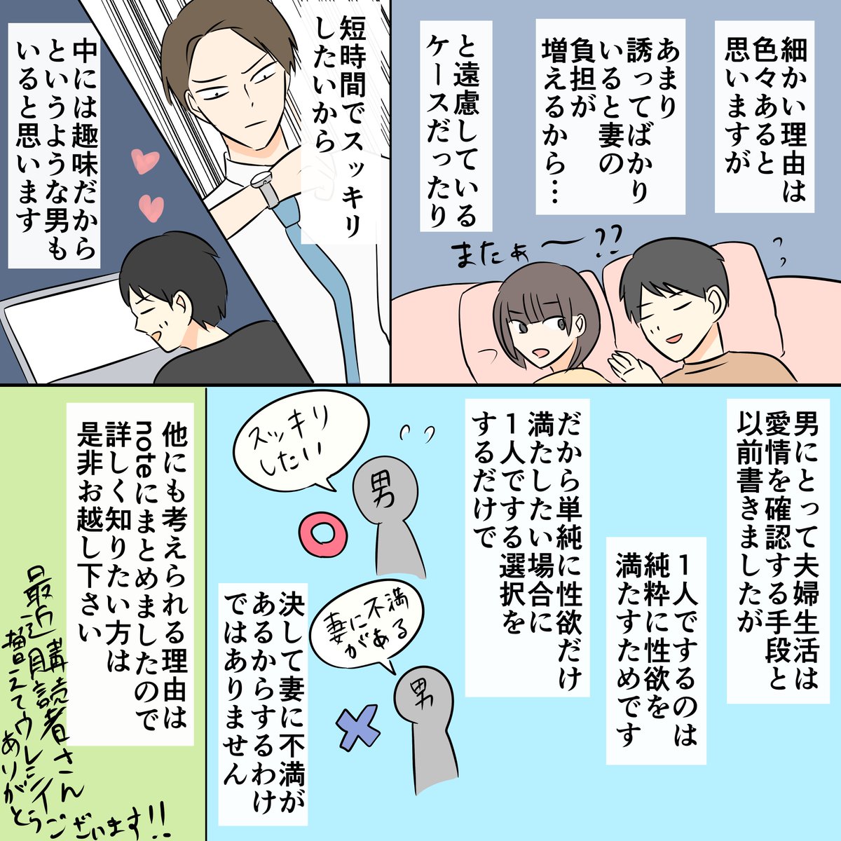 【note更新】
夫婦生活があるのに男が一人でするのは妻では満足できないから?
男が1人でするのに特別な理由などないのだが女性側からすると、男が1人でしていると不安に感じるのか… これは男にはない視点だなぁと相談を受けて感じた
詳しく知りたい方はnoteをお読み下さい
https://t.co/6sRct9xlNt