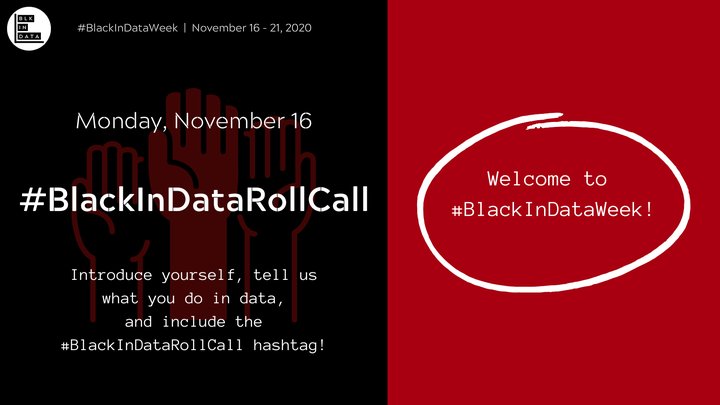 IT'S OFFICIAL Y'ALL Welcome to #BlackInDataWeek 🥳‼️So our first event is #BlackInDataRollCall. Tell us who you are and how you work with data or in the data field. Also be sure to include #BlackInData and #BlackInDataWeek in your introduction. We can't wait to meet you! 🙌🏽