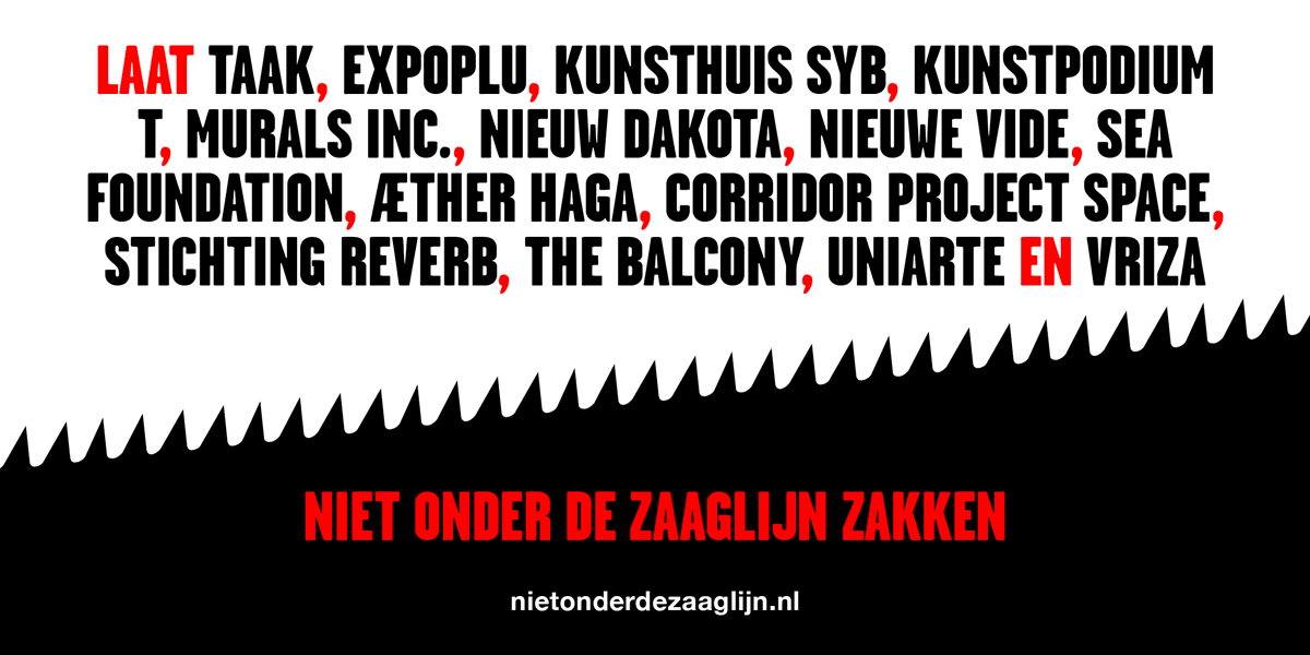 Laat de #kunstwereld niet onder de zaaglijn zakken door #NIETONDERDEZAAGLIJN te delen!
 
Wij roepen de minister <a href="/ivanengelshoven/">Ingrid van Engelshoven</a> <a href="/MinOCW/">Ministerie van Onderwijs, Cultuur en Wetenschap</a> op om aanvullend budget beschikbaar te stellen voor 14 positief beoordeelde #kunstinstellingen.
 
Lees de brief: bit.ly/38v0ysE