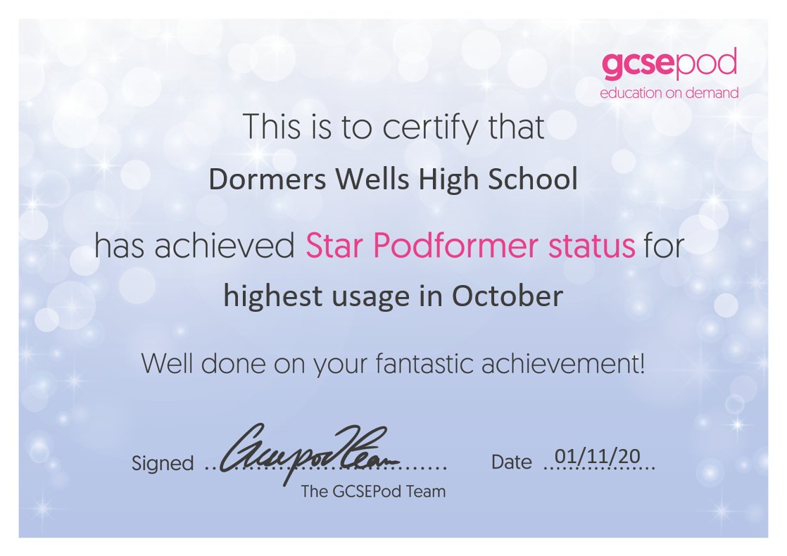 DormersWellsHS's tweet photo. Delighted to announce Dormers Wells High School has achieved 'Star Podformer Status' for the second month in a row! This means that our school has had the highest usage during September and October on @GCSEPod. 

#HighExpectations #WorkingHard #ActiveLearningBehaviour #Proud https://t.co/avfVDu9Ymw