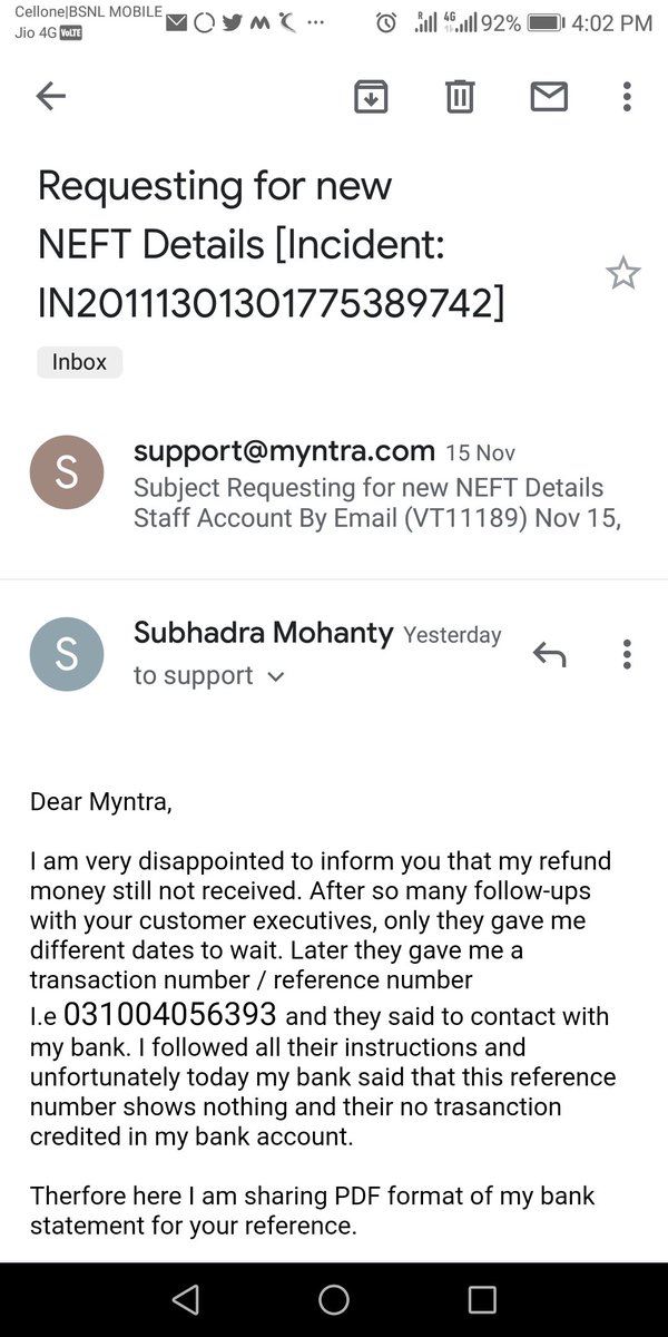 SubhadraMohant1's tweet photo. of my bank details by mail and Myntra application but your customer executive told me we are not received anything. Such a lier. Here I am sending you these screenshots.This is terrible experience with Myntra.@myntra @MyntraSupport @PiyushGoyal @PiyushGoyalOffc @DoC_GoI @CimGOI https://t.co/qFHNuGUSUs