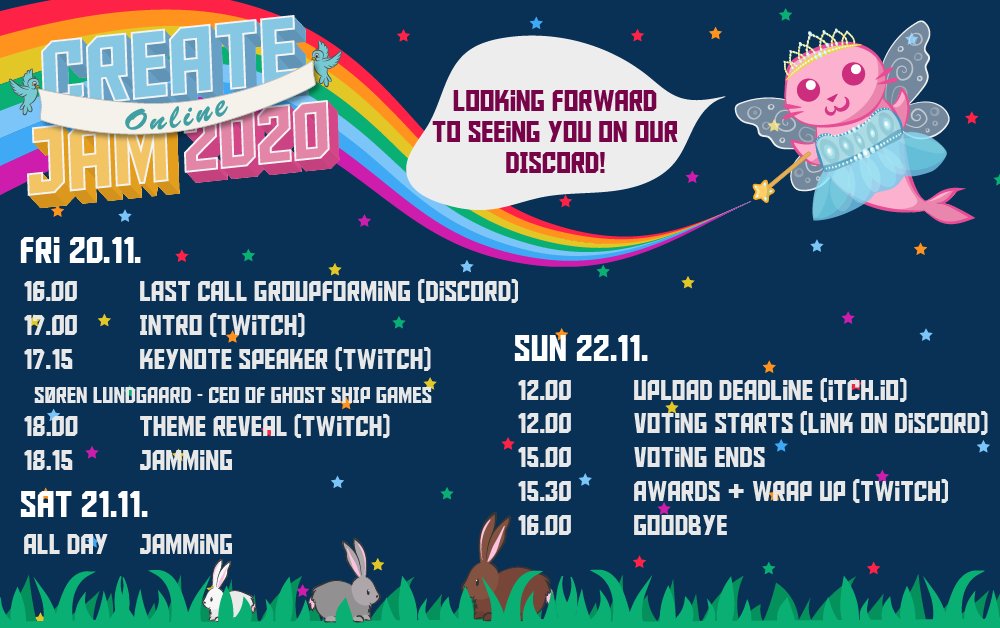 createjamdk's tweet photo. Hi everyone! 🦄

Create Jam is coming this Friday! Check out the schedule to see what we have in store for you. 🧙‍♂️👾⚔👑

Remember to sign up on https://t.co/CcS6K3NPYe so you can join our Discord early and form groups! 👾🤝🧚‍♀️

#createjam #createjamfall2020 #dkgame #gamejam https://t.co/nRX2RW6G4E