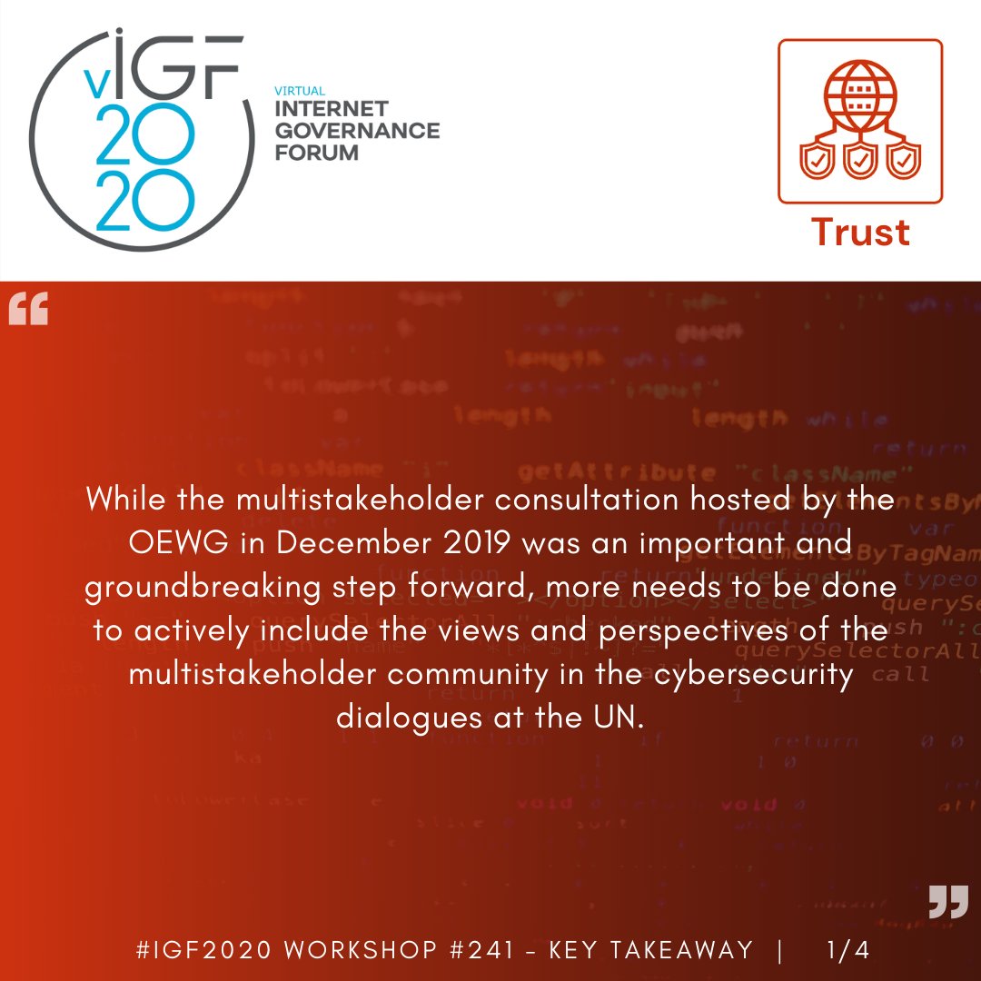 Igf_trust's tweet photo. #IGF2020 #Trust Track #KeyTakeaways WS #341 Multistakeholder Voices and the UN Cyber Dialogues

Session details and report at https://t.co/IyHMjg3WRk   

#CyberSecurity
#UNCyberOEWG #UNCyberGGE https://t.co/3lx0TBdXIl