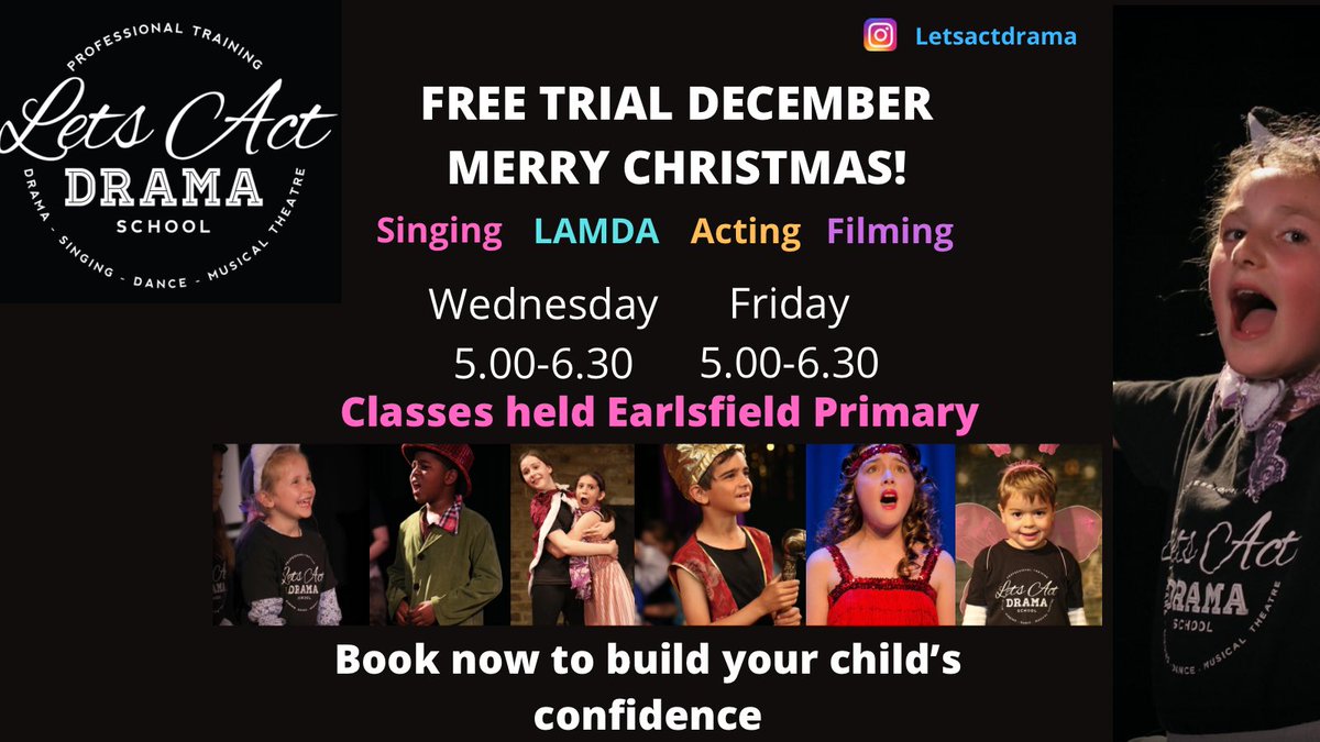 JOIN LETS ACT FOR FREE IN DECEMBER!! Classes held <a href="/EarlsfieldSch/">Earlsfield School</a>. We train young performers in all aspects of acting including LAMDA EXAMS, musical theatre and screen acting! Catch Kush in the latest John Lewis Christmas advert! To book email info@letsactdramaclasses.co.uk