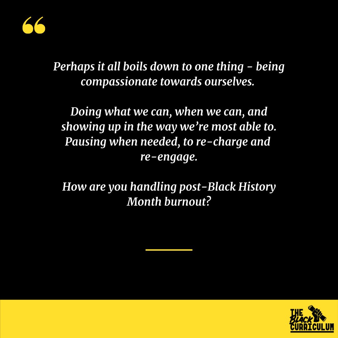 Black History Month can be an emotionally exhausting space for many.

Check out Boma’s blog post on Dealing with Post-Black History Month Burnout!

📝 <a href="/bomsie_w/">Bomafabia Wokoma</a> 

Read the full article at - 

theblackcurriculum.com/blog-community…