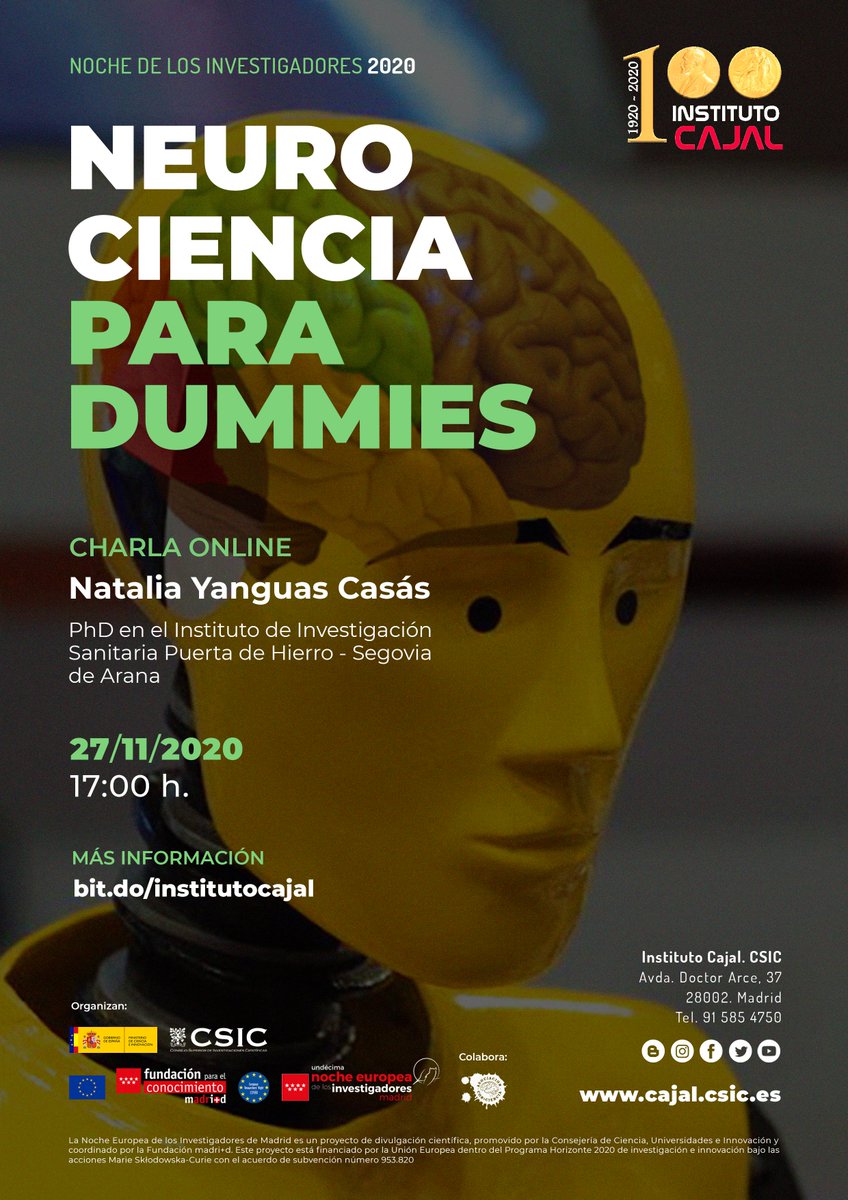 No te pierdas nuestra charla "Neurociencia para dummies" a través del canal de YouTube del @InstitutoCajal 
 (youtube.com/channel/UC-IGd…). Te esperamos el viernes 27 de noviembre a las 17. Habrá regalos😜
#NocheEuropeaInvestigadores #NIGHTspain #NIGHTmadrid #EuropeanResearchersNight