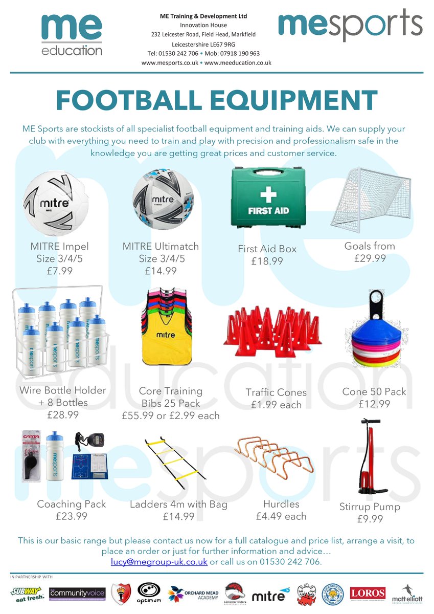 FOOTBALL EQUIPMENT for clubs and individual players…
Call us on 01530 242 706 or email lucy@megroup-uk.co.uk
#football #equipment #teams #clubs #training