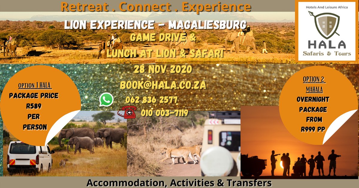 HALABUDGET's tweet photo. ASAMBENI GUYS! 🦁

Includes Game drive and lunch at Lion &amp; Safari;

🔘Option 1- HALA PACKAGE
R589 Package  p/p

🔘Option 2 - MAHALA PACKAGE
FROM R999 per/p sharing Overnight Accomm
B/fast Included

✅R200 Deposit for Day Trip
✅R500 Deposit for Overnight 

#sharesouthafrica https://t.co/OvrCJtNXuh