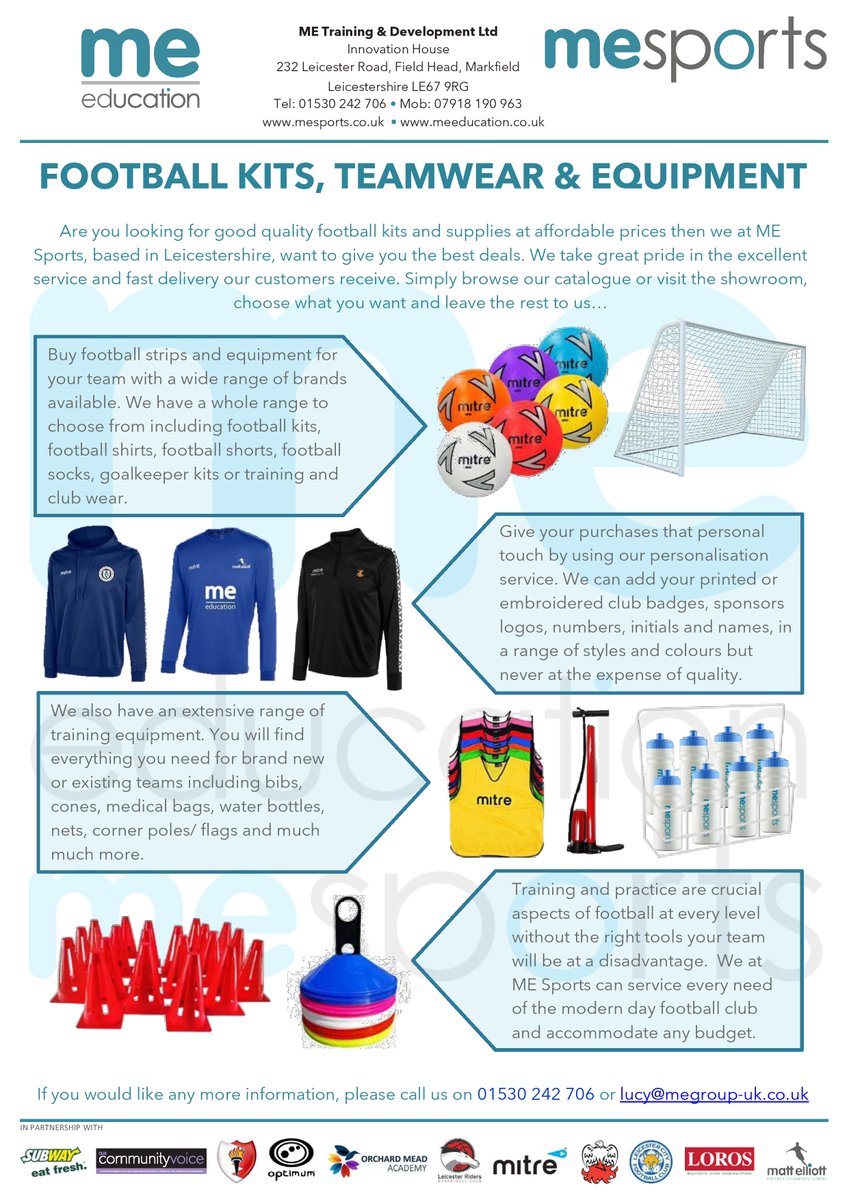 Excellent deals on FOOTBALL KITS, TEAMWEAR &amp; EQUIPMENT! 
Contact us on 01530 242 706 or lucy@megroup-uk.co.uk
#football #kits #teamwear #equipment #sports #supplier #deals #sportwear
