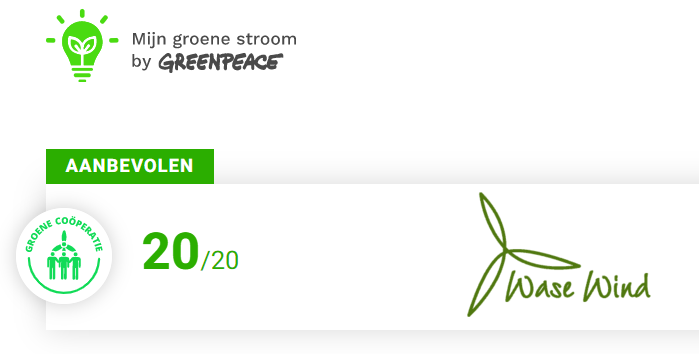 We kregen opnieuw een topscore van <a href="/greenpeace_be/">Greenpeace Belgium</a>.

'De score van Wase Wind is onveranderd positief. Wase Wind is een lokale leverancier die fors investeert in hernieuwbare energie. Wij raden deze coöperatie van harte aan!'

Dank! De waardering doet ons veel deugd.
