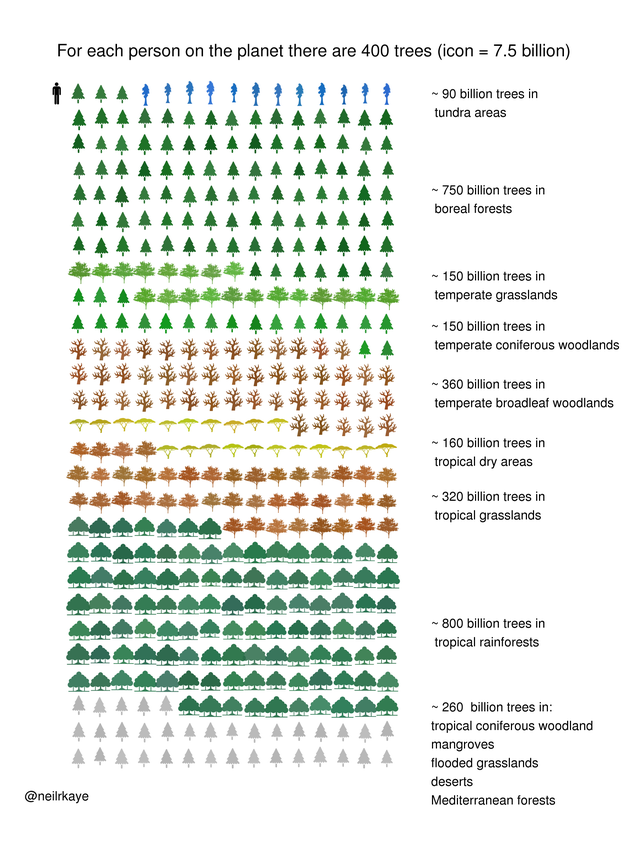 This chart by <a href="/neilrkaye/">Neil Kaye</a> shows us that for every human on earth there are 400 trees. Source: buff.ly/3krWI5O