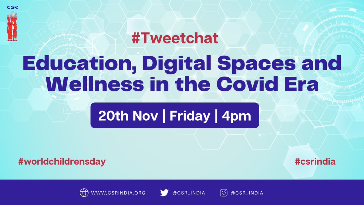 CSR_India's tweet photo. #TweetchatAlert
This #WorldChildrensDay, join us on Friday as we talk about the digital space, facilitation of online education and the way students lives have changed in light of #COVID19
@stc_india @childrensociety @CRYINDIA @BrindaAdige @MissingKids @UNGEI @STIReducation https://t.co/JQdSQNiCJI