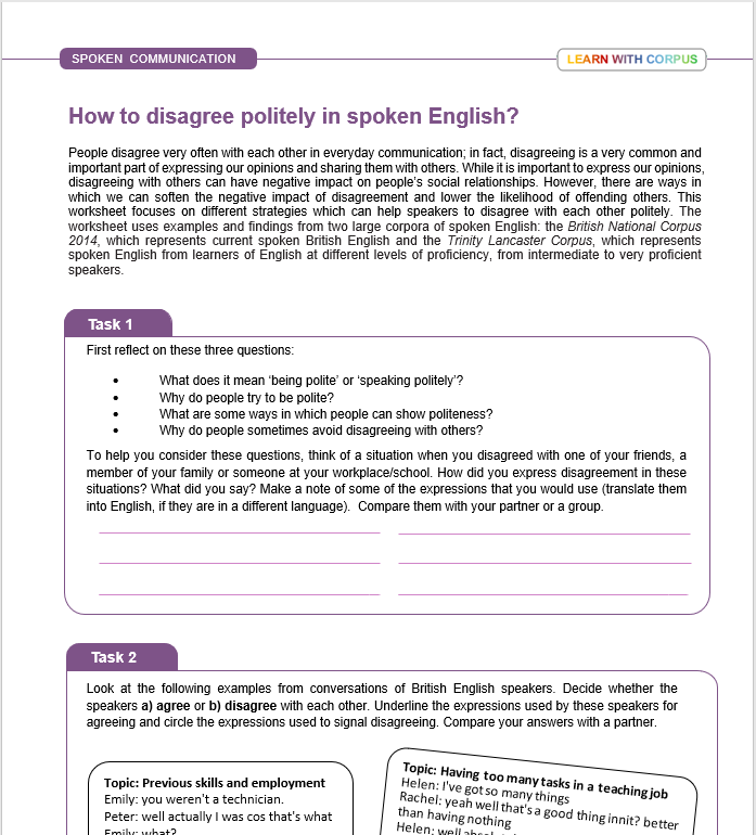 askcorpus's tweet photo. How to disagree politely in spoken English? New interactive #ELT teaching materials (student &amp; teacher handouts) now available from #CorpusForSchools website, using findings and examples from #BritishNationalCorpus2014 &amp; #TrinityLancasterCorpus. https://t.co/k5gpcWxnT0… https://t.co/zFHv59aCg5